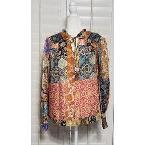 Avara Women Size L Patchwork Floral Long Sleeve Lined Blouse Boho Gypsy